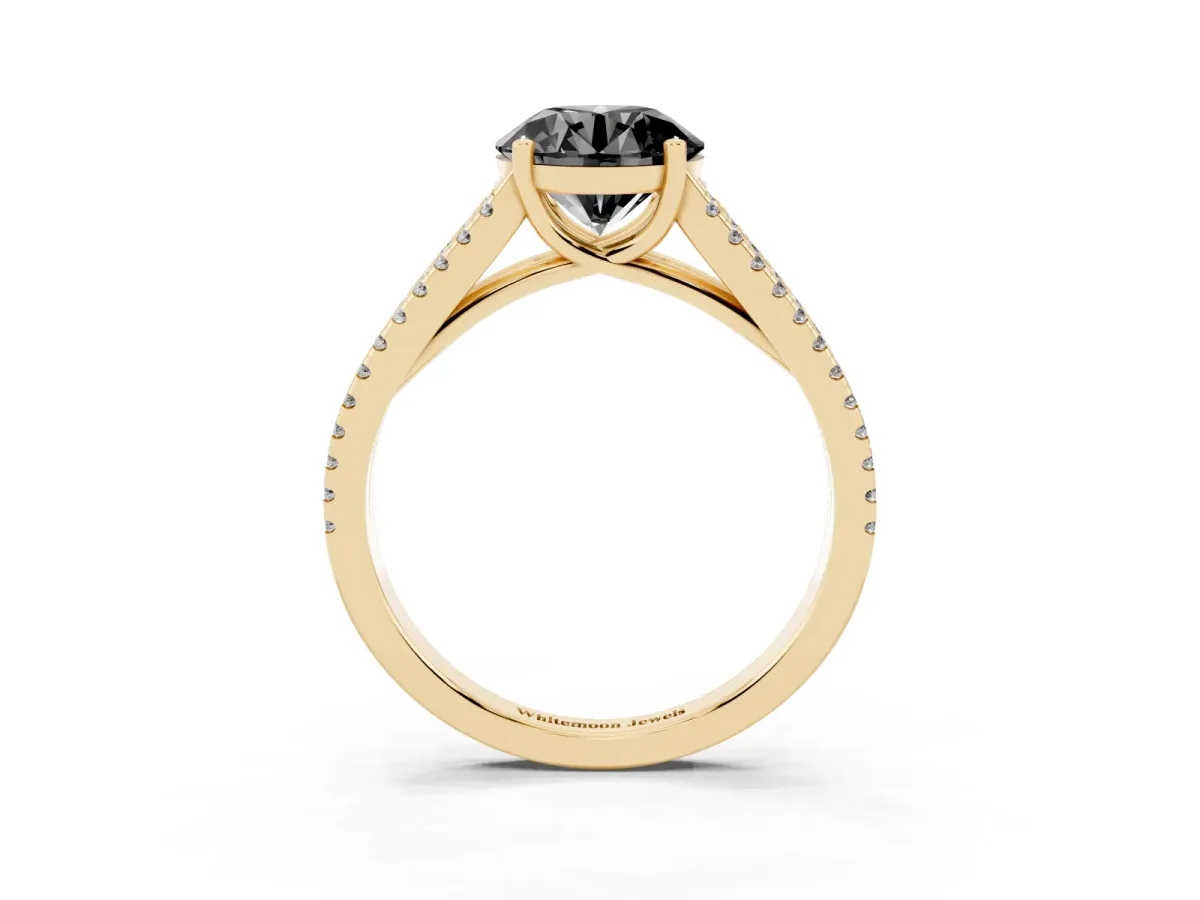 Fancy Black Round Cut Diamond Solitaire Engagement Ring with Split Shank Pavé Band Yellow gold
