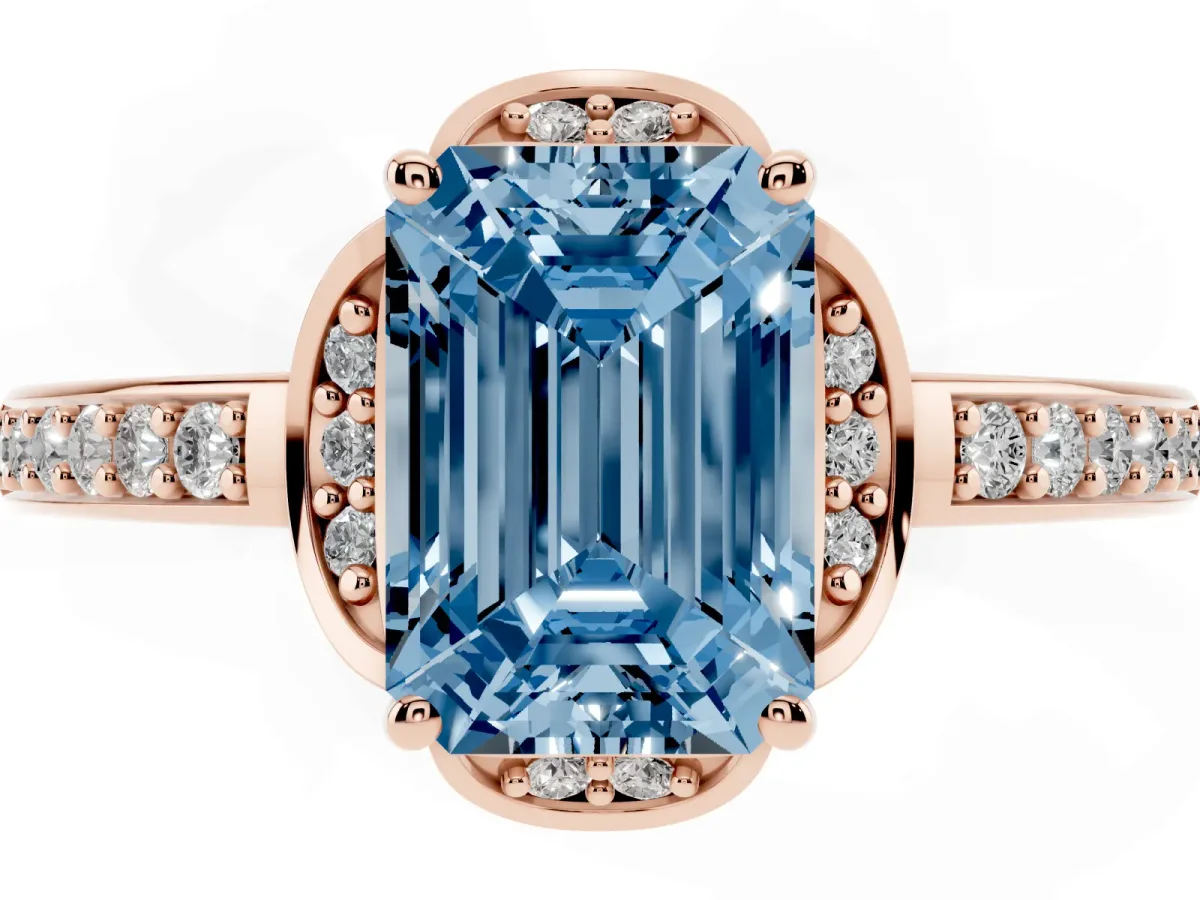 Fancy Blue Emerald Cut Cut Halo Diamond Ring with Channel Set Band and Four-Prong Setting Rose gold
