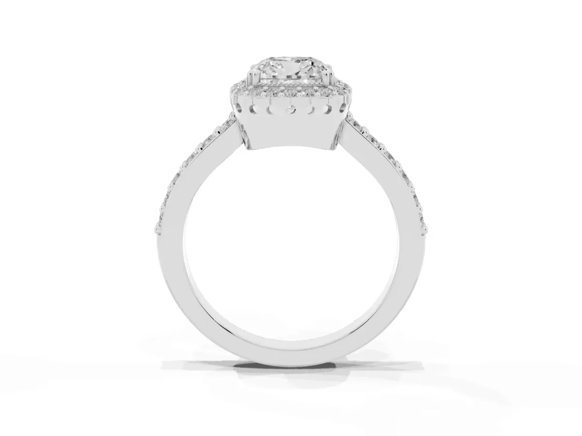 Cushion Cut Cut Diamond Halo Engagement Ring with Milgrain Detail and Pavé Band Silver