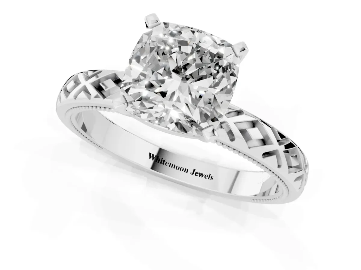 Cushion Cut Solitaire Diamond Ring with Milgrain and Black Enamel X Pattern Band Silver