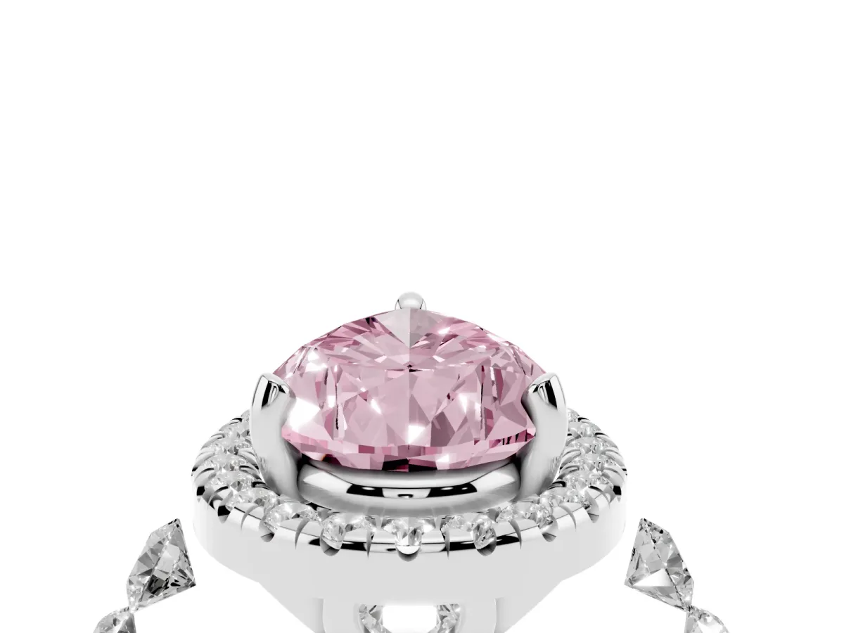 Fancy Pink Pear Cut Halo Pavé Diamond Engagement Ring with Four-Prong Setting Platinum