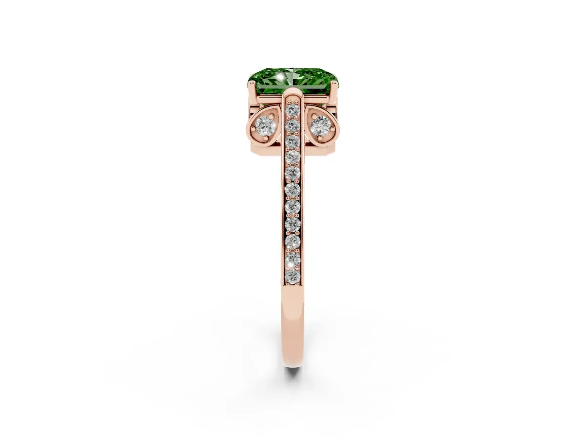 Fancy Green Radiant Cut Cut Cathedral Pave Diamond Engagement Ring with Six-Prong Setting Rose gold