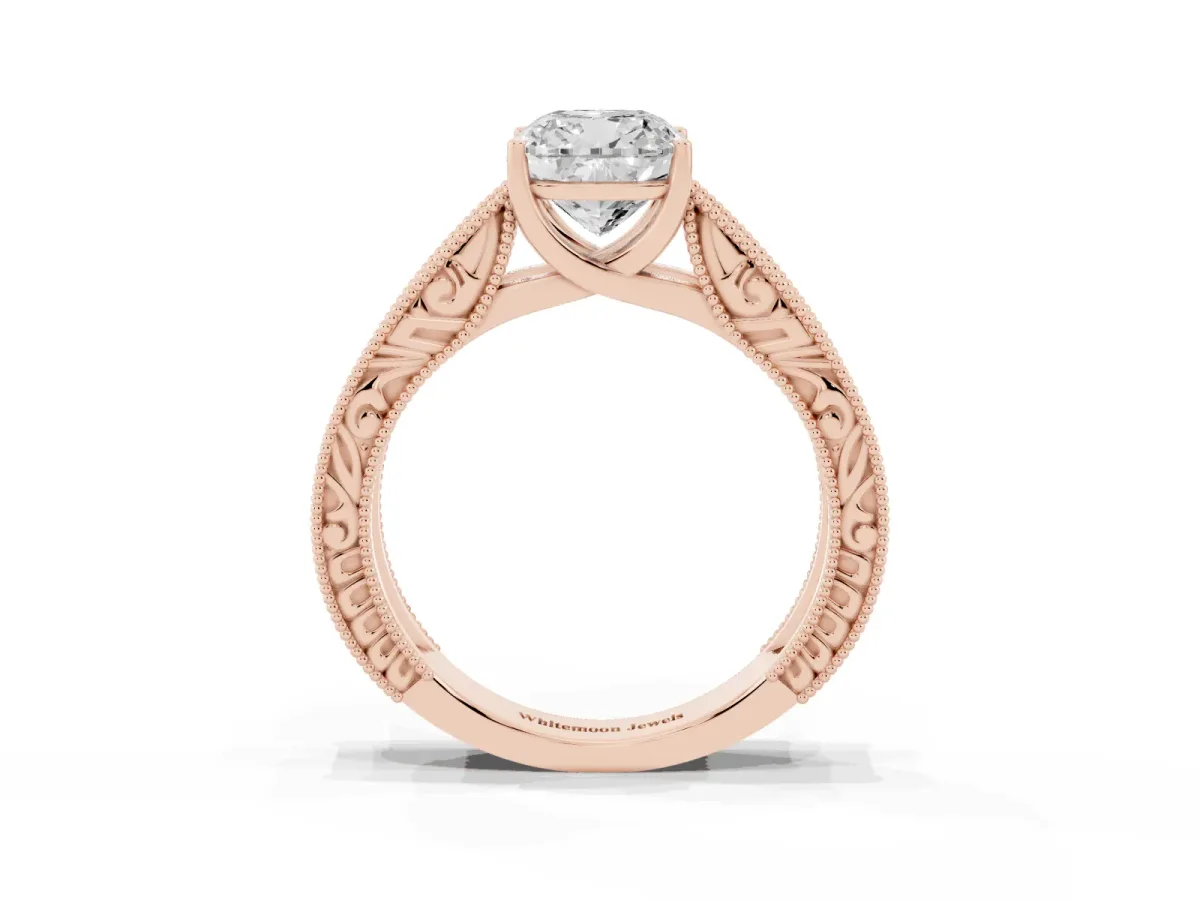 Cushion Cut Diamond Solitaire Ring with Engraved Band and Four-Prong Setting Rose gold