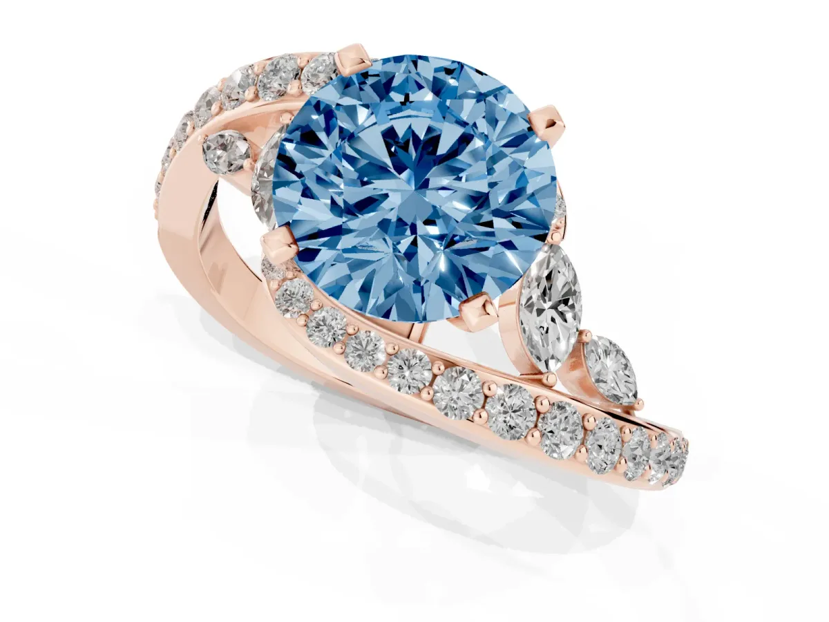 Fancy Blue Round Cut Solitaire with Pavé Twist Band and Four-Prong Setting Rose gold