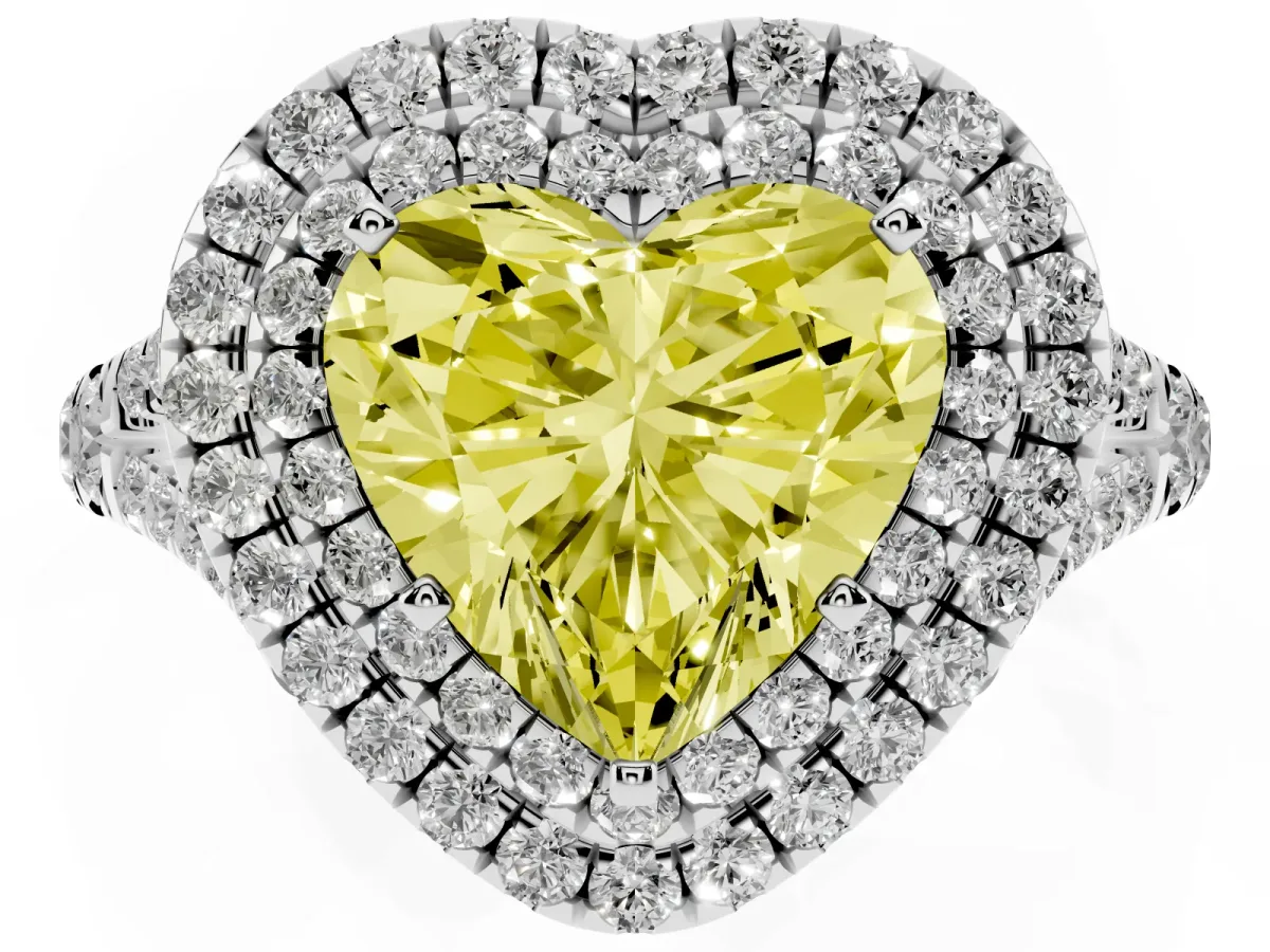 Fancy Yellow Double Halo Heart Cut Diamond Split Shank Engagement Ring with Four-Prong Setting Silver