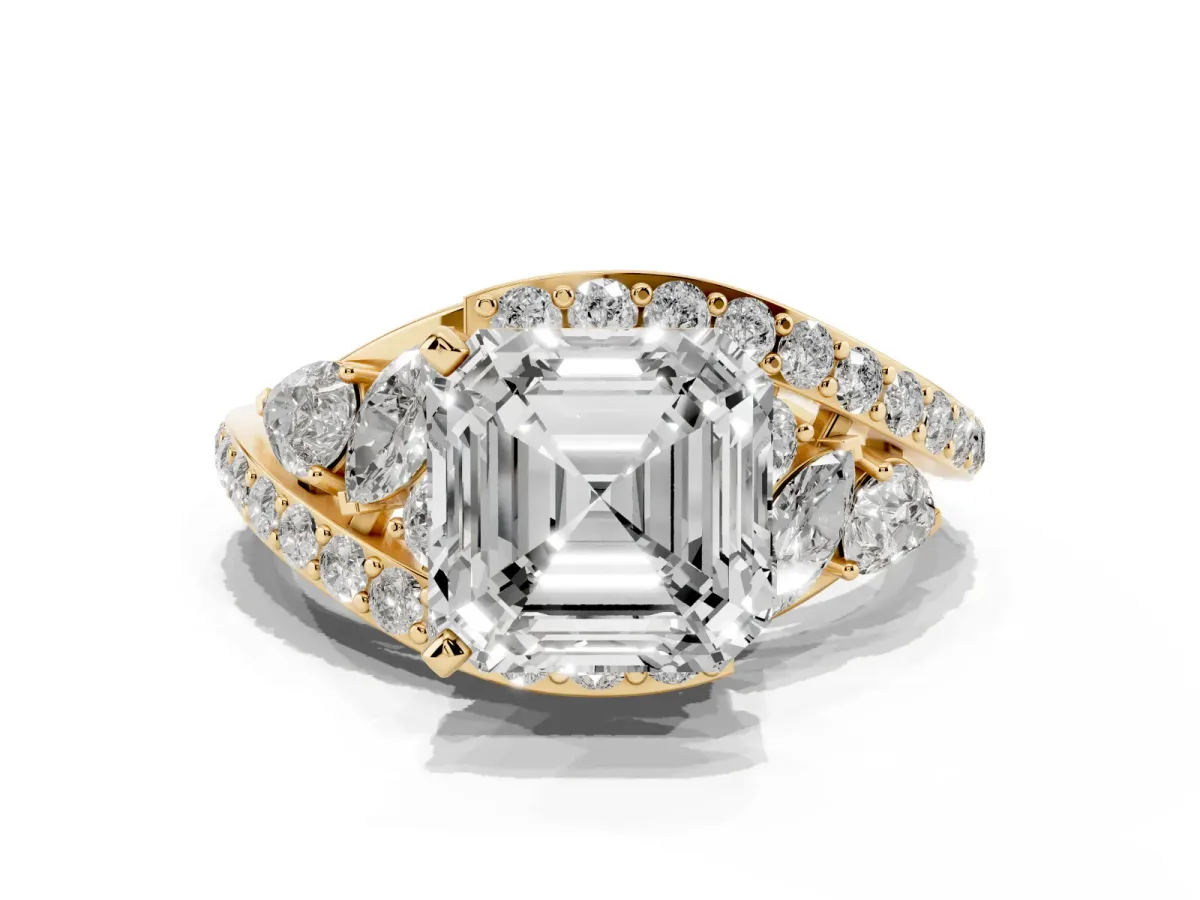 Asscher Cut Diamond Halo Ring with Marquise and Pavé Band in Prong Setting Yellow gold