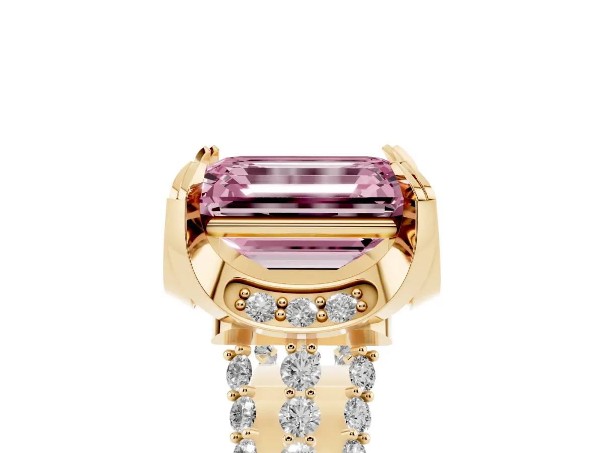 Fancy Pink Emerald Cut Solitaire Pave Split Shank Ring with Four-Prong Setting Yellow gold