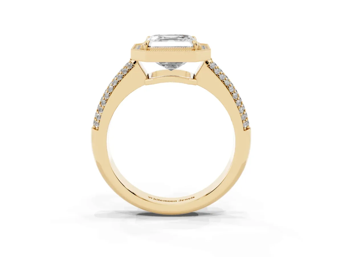 Asscher Cut Cut Halo Diamond Pave Band with Four-Prong Setting Yellow gold
