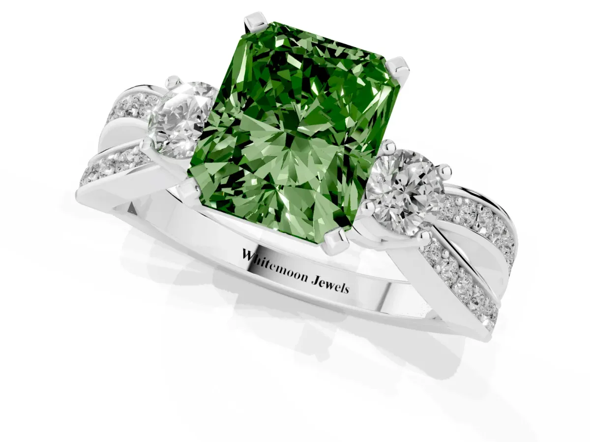 Fancy Green Three-Stone Radiant Cut Cut Diamond Twist Band with Prong Setting Silver