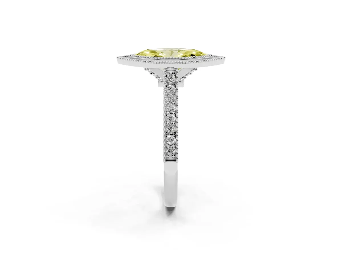 Fancy Yellow Halo Marquise Cut-Cut Diamond Pave Band Milgrain Prong Setting Ring White gold