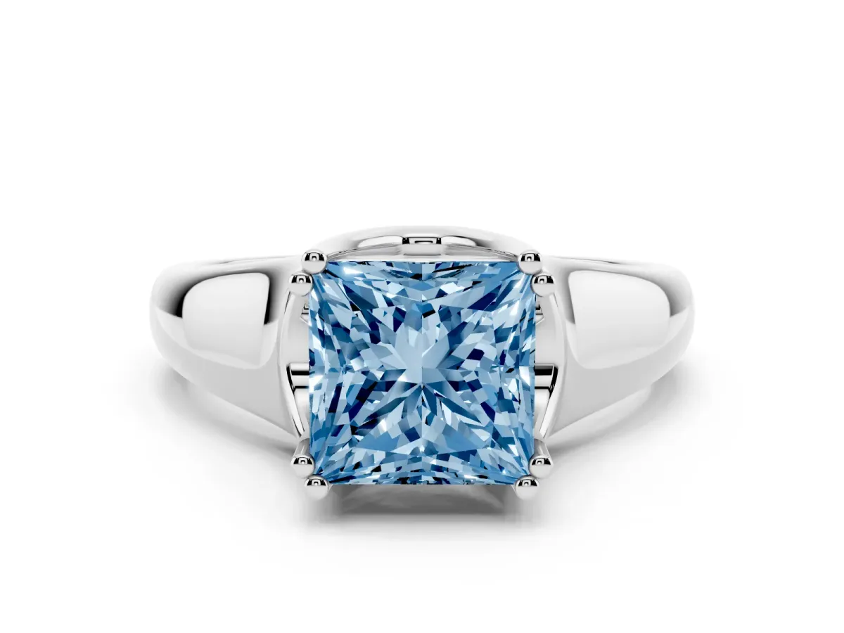 Fancy Blue Princess Cut Diamond Solitaire Ring with Wide Band and Prong Setting Platinum