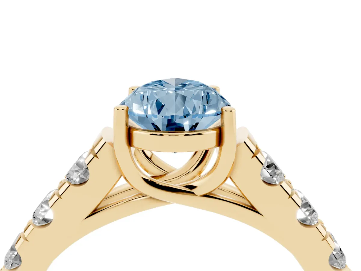 Fancy Blue Pear Cut Cut Diamond Solitaire Ring with Micro Pave Band and Prong Setting Yellow gold