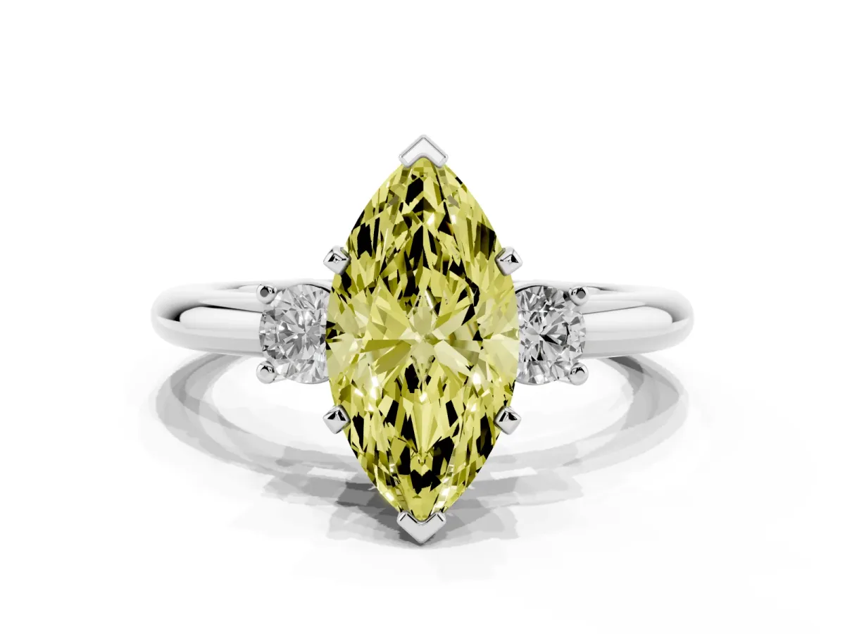Fancy Yellow Three-Stone Marquise Cut Cut Diamond Solitaire with Prong Setting and Classic Band Silver