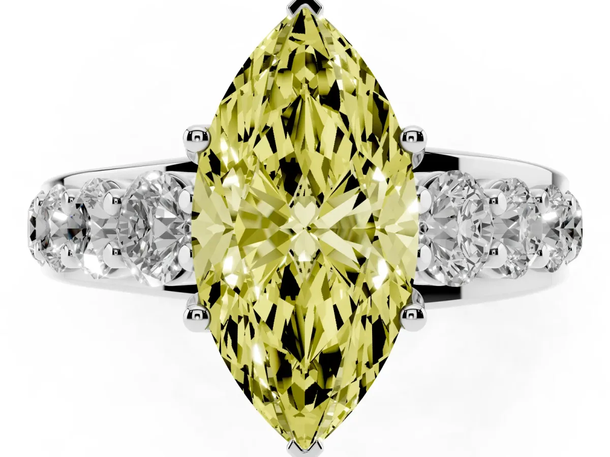 Fancy Yellow Marquise Cut Diamond Engagement Ring with Pavé Band and Four-Prong Setting Silver