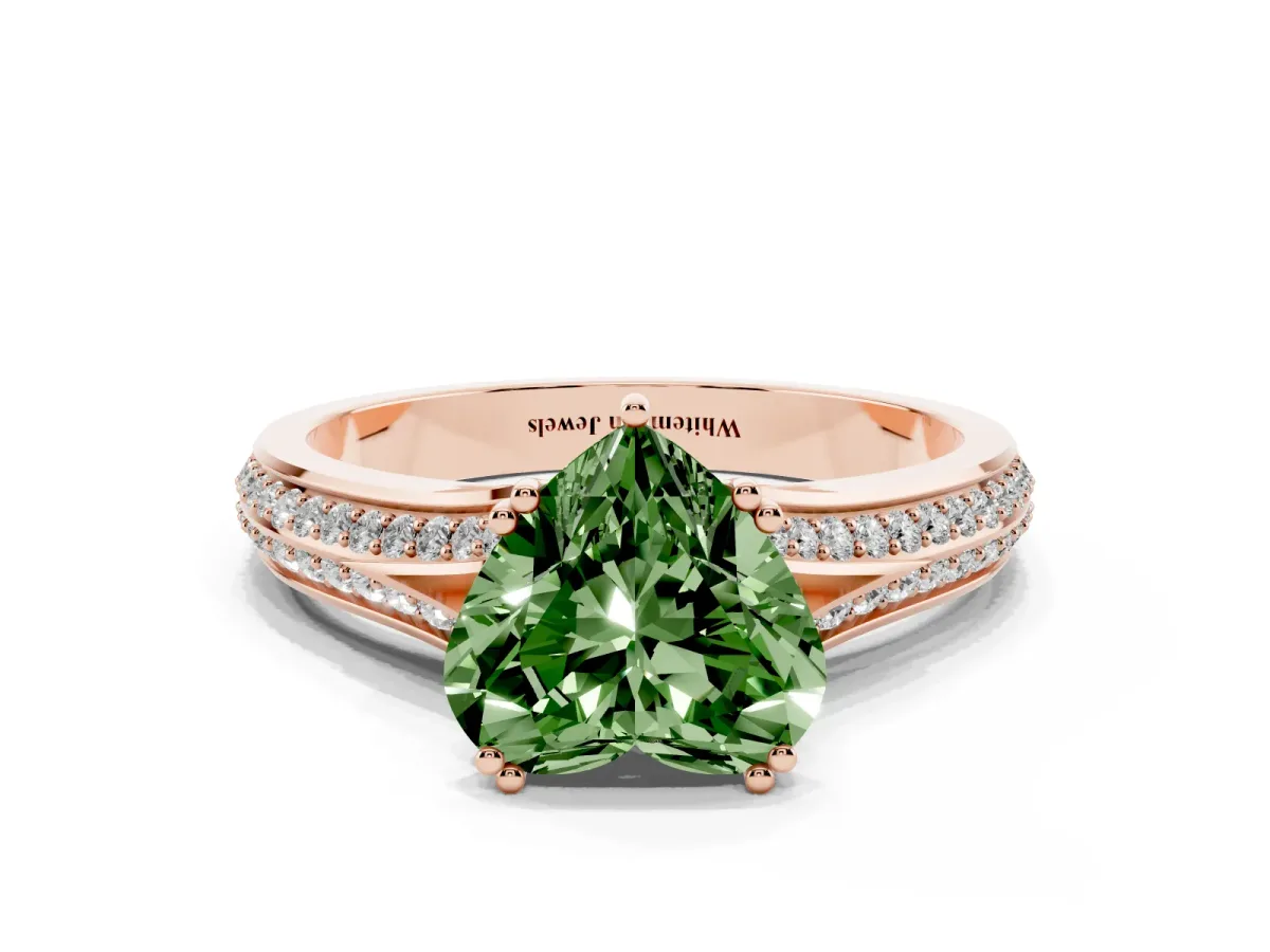 Fancy Green Heart Cut Diamond Split Shank Engagement Ring with Pavé Band Rose gold