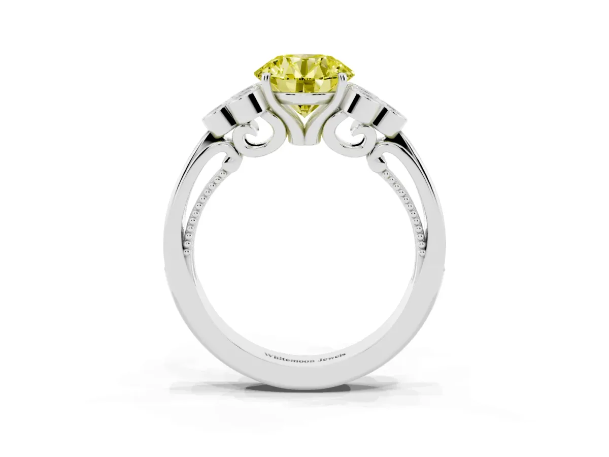 Fancy Yellow Round Cut Cut Diamond Engagement Ring with Bezel Set Round Side Stones and Prong Setting Silver