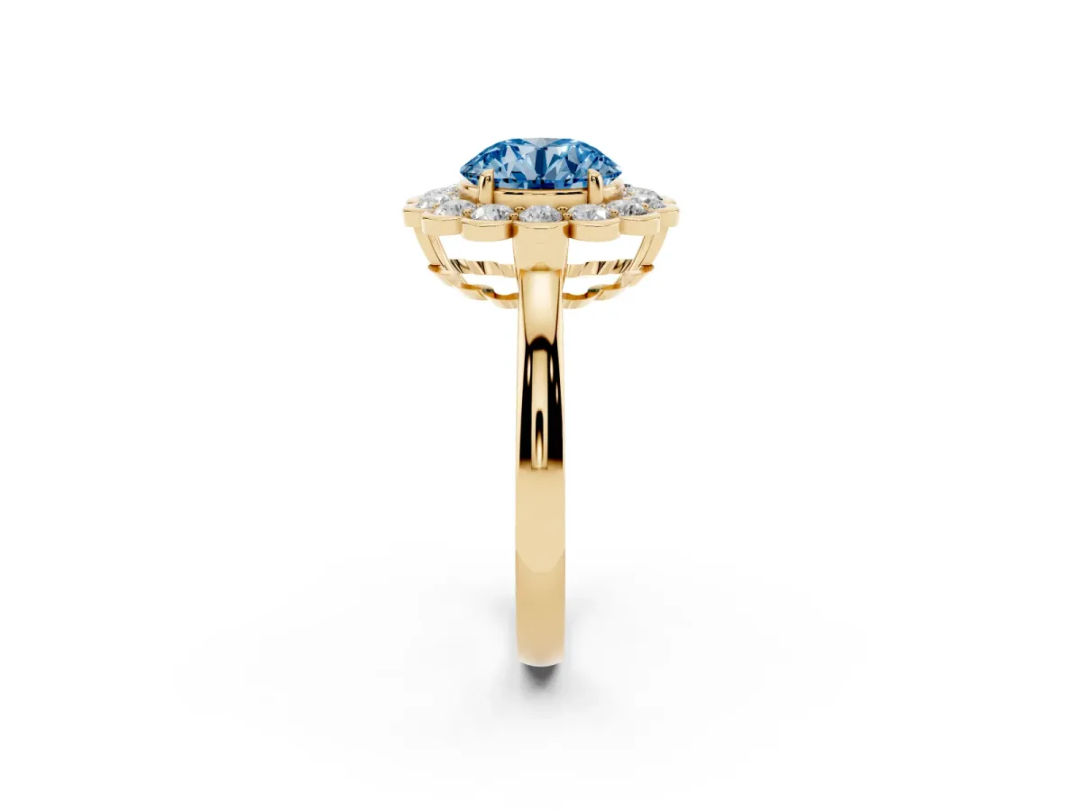 Fancy Blue Round Cut Halo Cluster Diamond Engagement Ring with Solitaire Band and Prong Setting Yellow gold