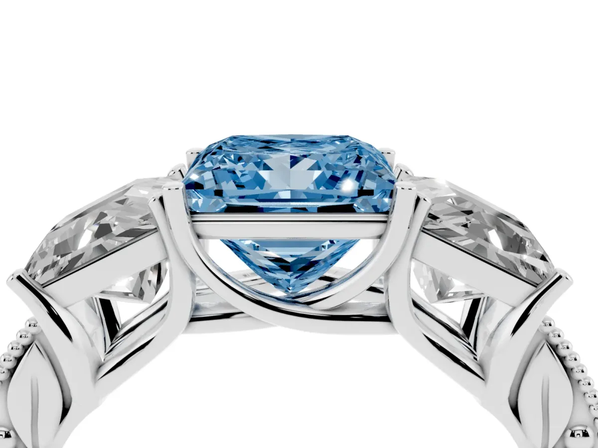 Fancy Blue Three-Stone Princess Cut Cut Milgrain Pavé Engagement Ring Silver