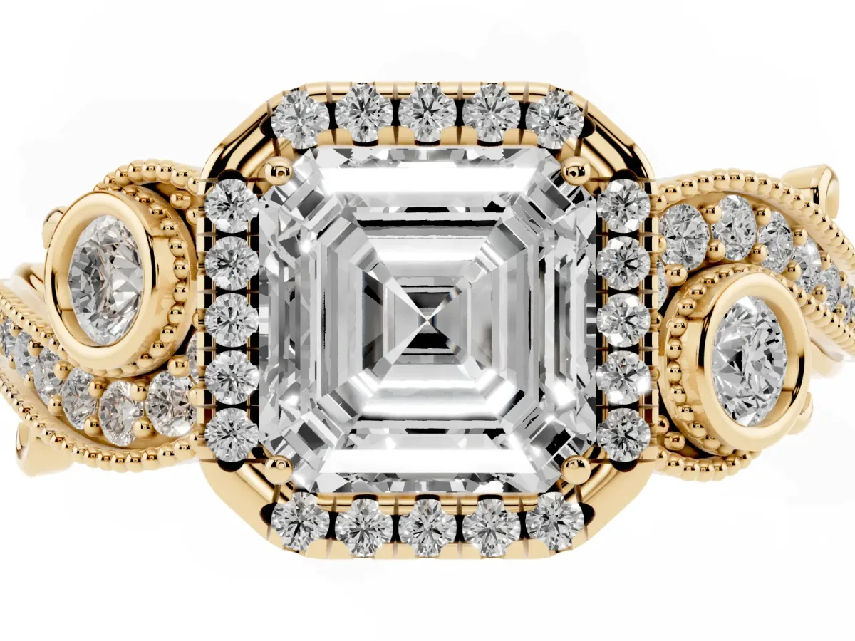 Asscher Cut Halo Diamond Ring with Milgrain and Bezel Accents on a Split Shank Band Yellow gold