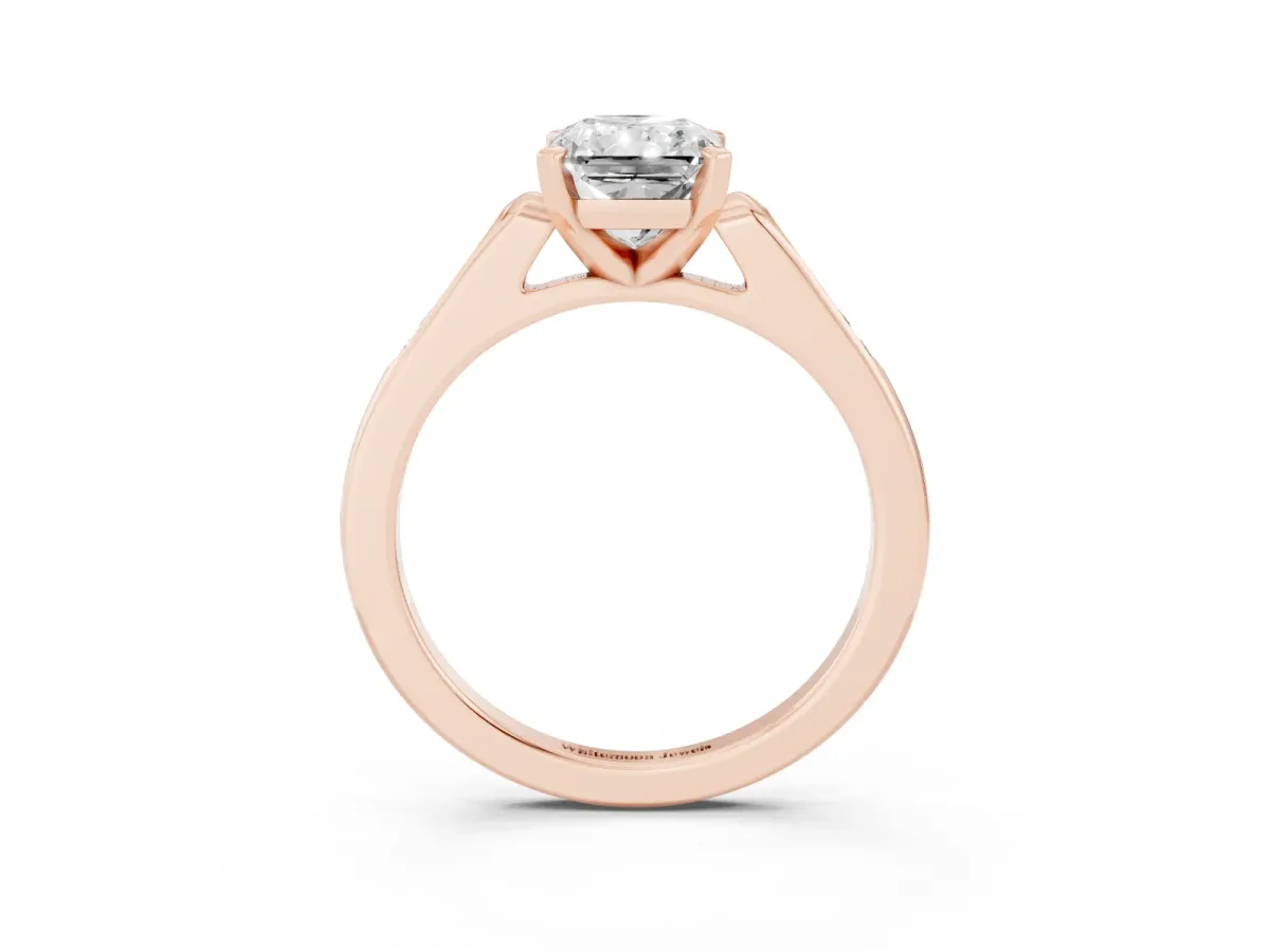 Radiant Cut Diamond Solitaire Ring with Channel Set Round Band and Prong Setting Rose gold