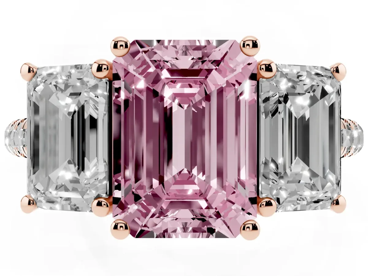 Fancy Pink Three-Stone Emerald Cut Diamond Ring with Round Pavé Band and Prong Setting Rose gold