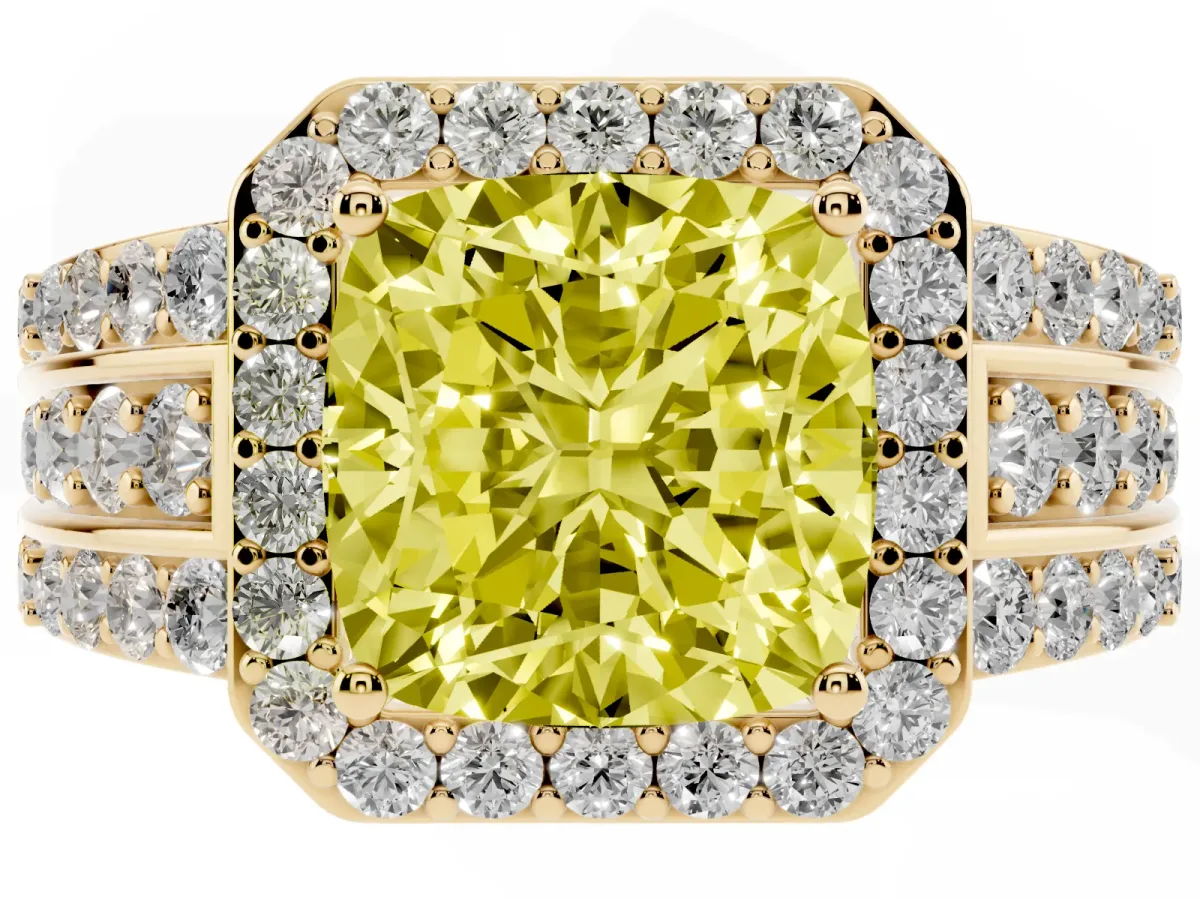 Fancy Yellow Cushion Cut Halo Diamond Ring with Round Split Shank and Prong Setting Yellow gold