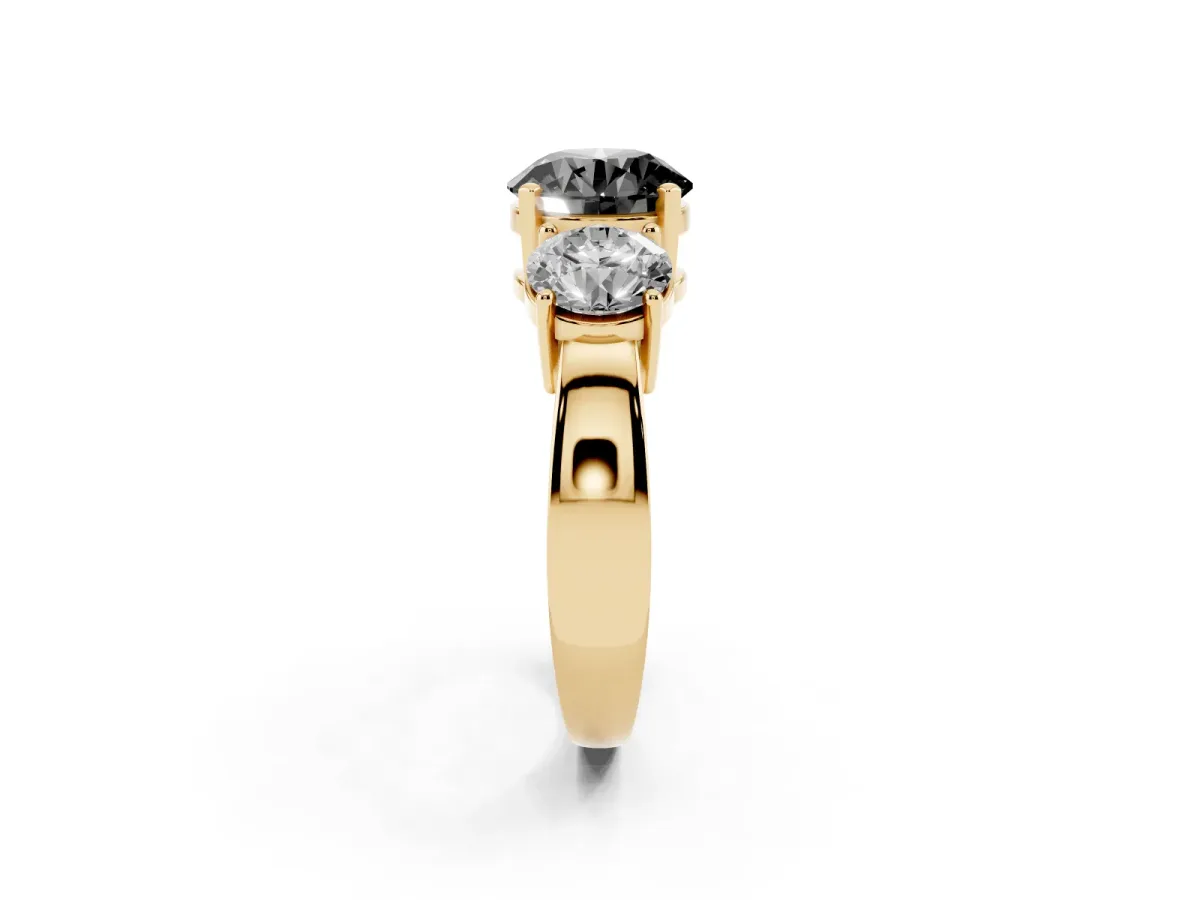 Fancy Black Three-Stone Round Cut Diamond Ring with Round Side Stones, Classic Band, and Four-Prong Setting Yellow gold