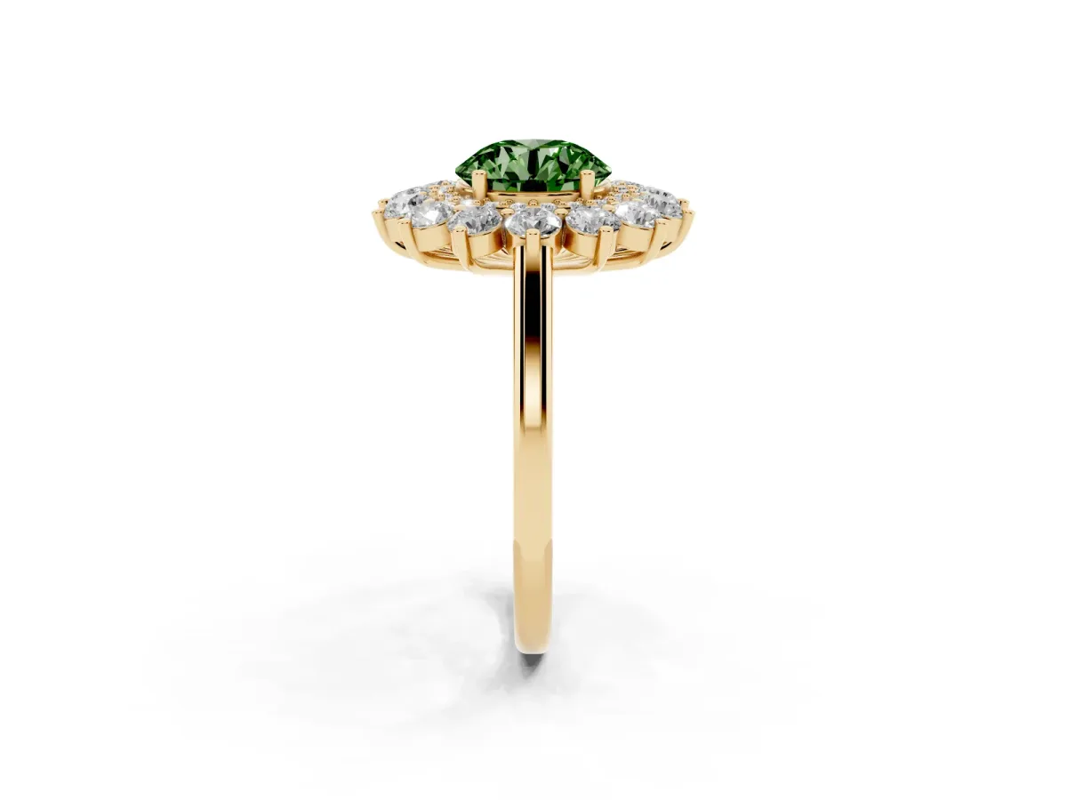 Fancy Green Round Cut Diamond Floral Double Halo Engagement Ring with Prong Setting Yellow gold