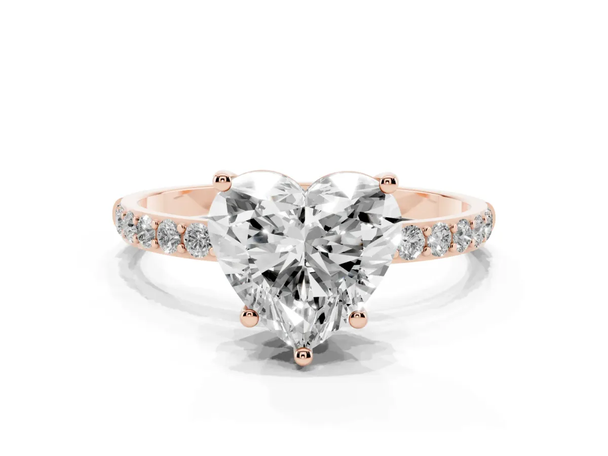 Heart Cut Diamond Solitaire Ring with Round Pavé Shoulders and Prong Setting Rose gold