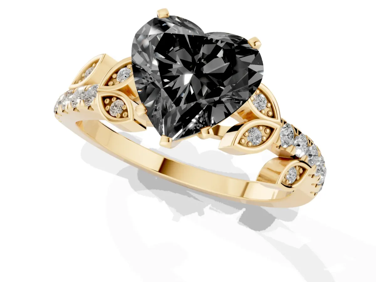 Fancy Black Heart Cut Solitaire Leaf-Inspired Diamond Ring with Pavé Band and Four-Prong Setting Yellow gold