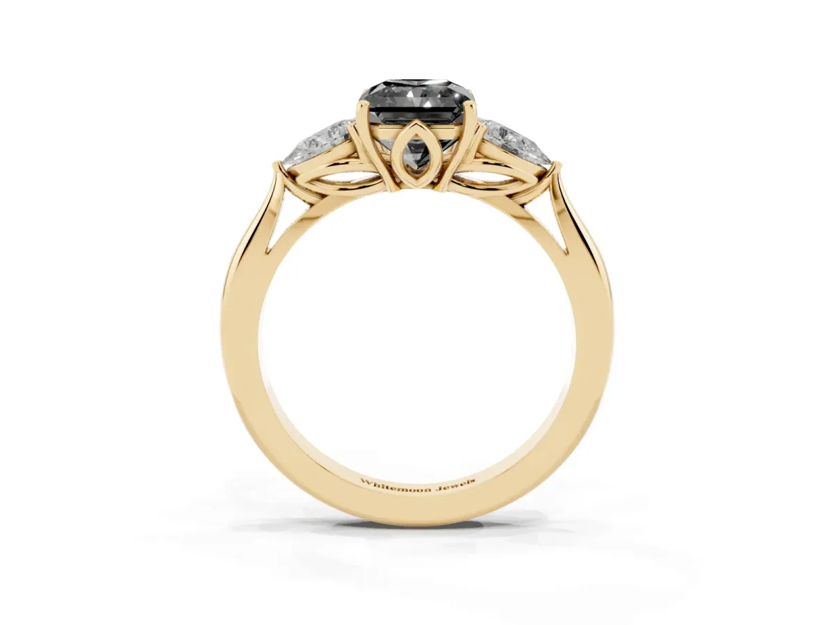 Fancy Black Three-Stone Radiant Cut Brilliant Diamond Solitaire Ring with Tapered Band and Four-Prong Setting Yellow gold