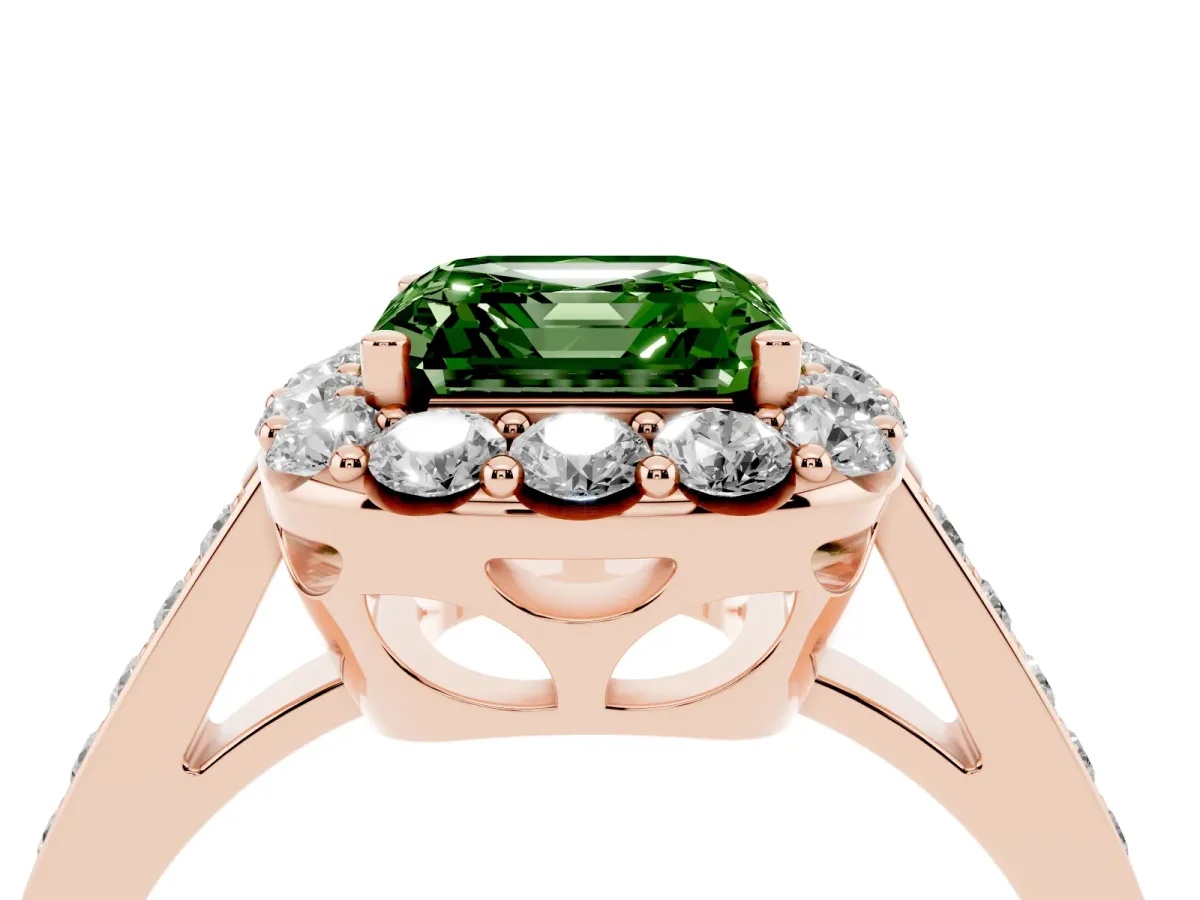 Fancy Green Asscher Cut Diamond Floral Halo Ring with Pavé Band and Prong Setting Rose gold