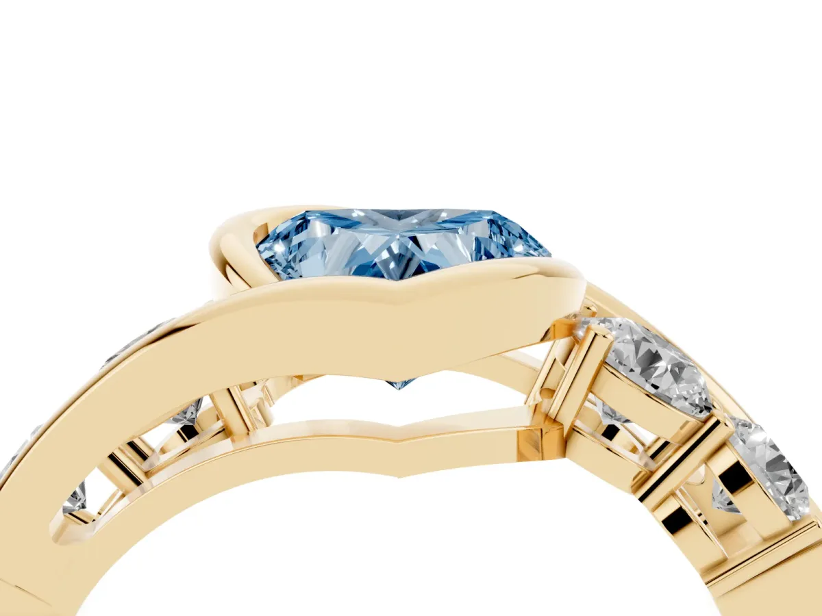 Fancy Blue Bezel Set Heart Cut Diamond Bypass Ring with Round Accents Yellow gold
