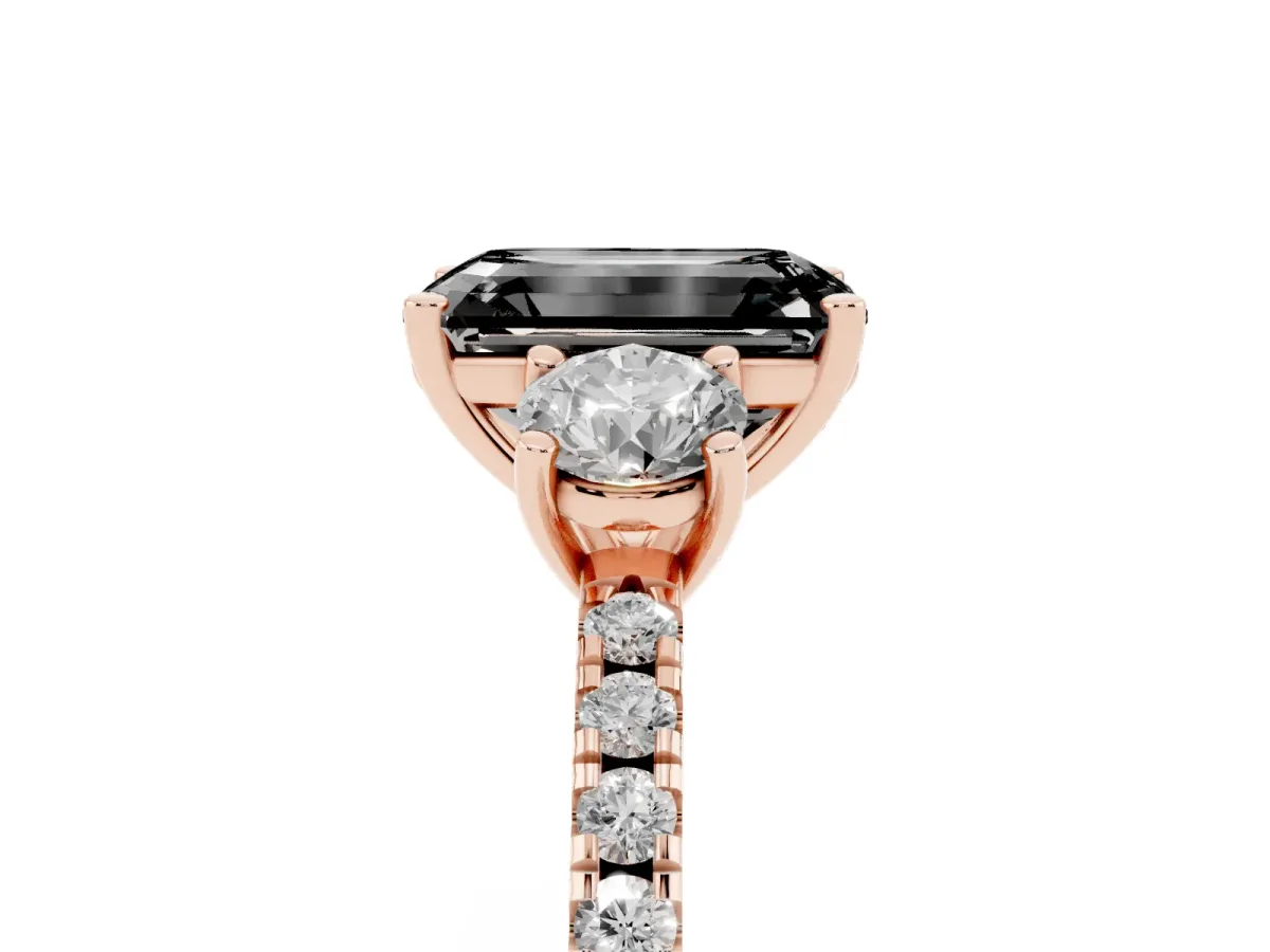 Fancy Black Three-Stone Emerald Cut Cut Diamond Pavé Band with Prong Setting Rose gold