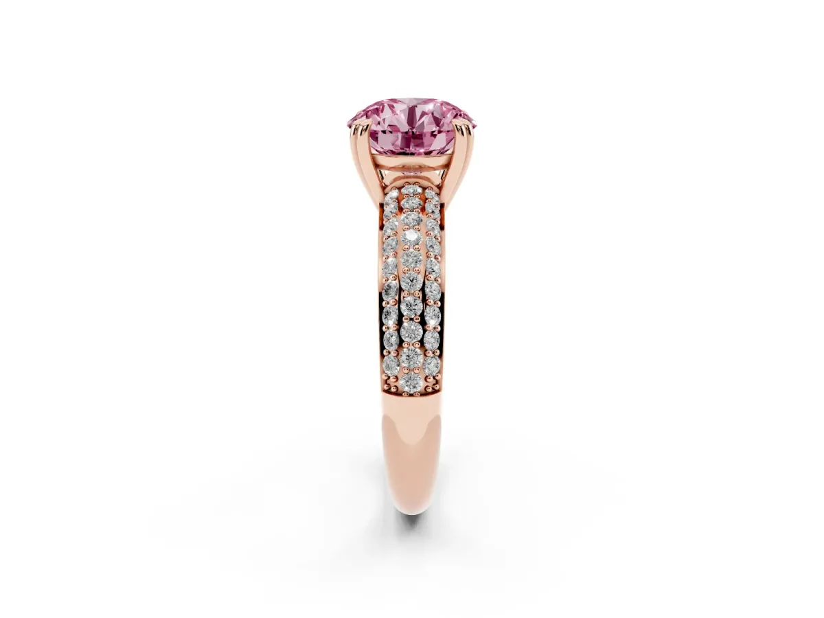 Fancy Pink Round Cut Diamond Solitaire Ring with Multi-Row Round Pavé Band and Prong Setting Rose gold