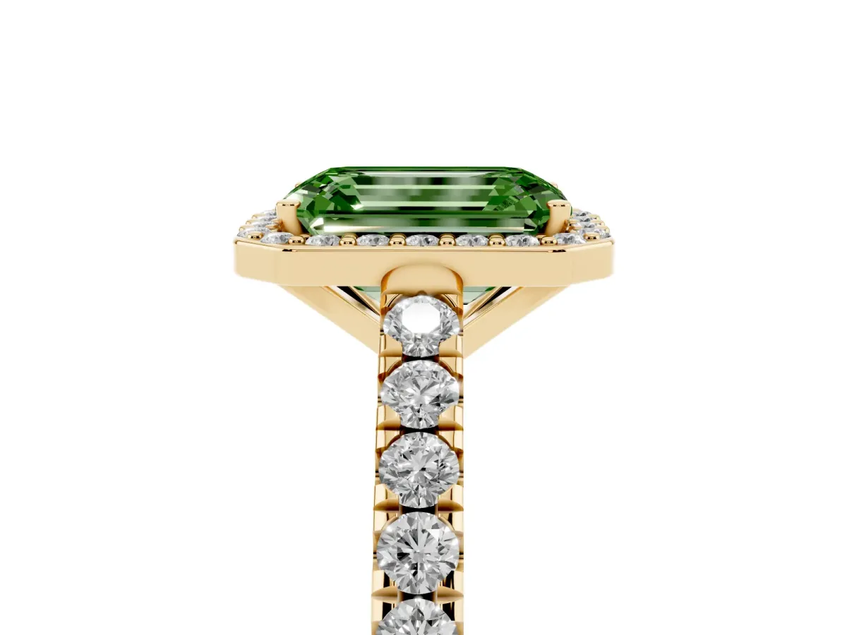 Fancy Green Emerald Cut Cut Halo Diamond Engagement Ring with Pave Band and Four-Prong Setting Yellow gold