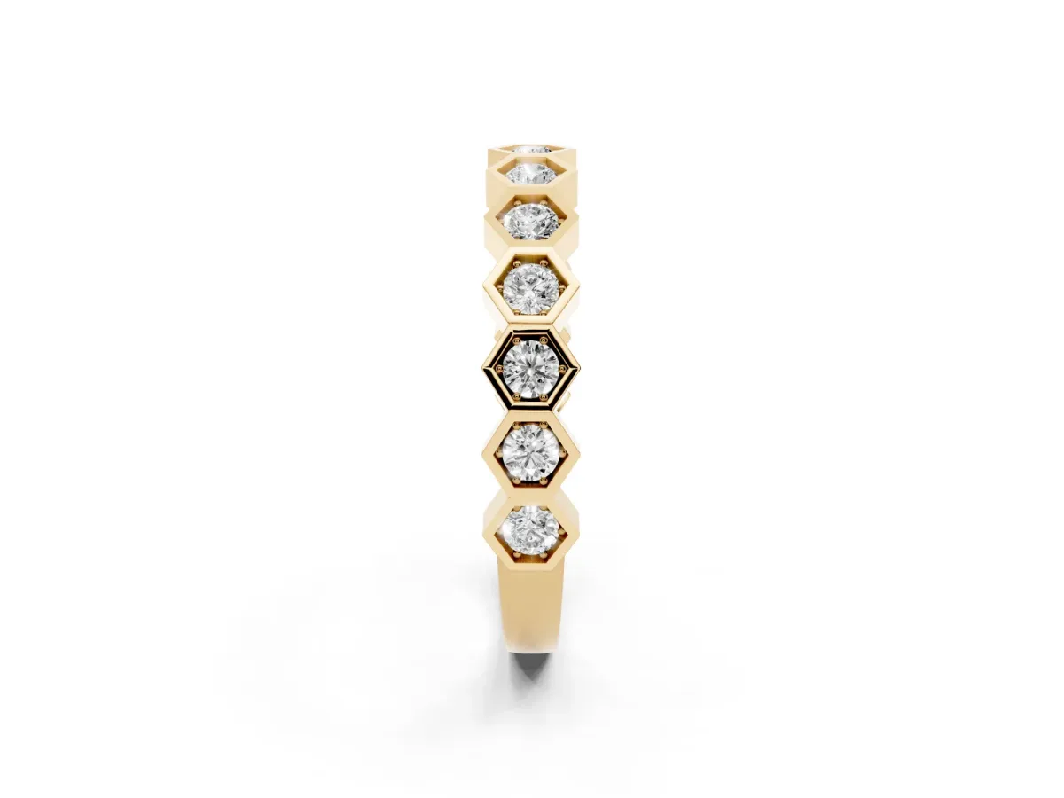 Hexagon Pave Diamond Eternity Band with Bezel Setting Yellow gold