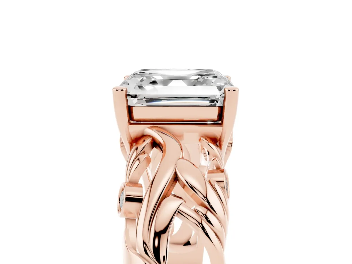 Asscher Cut Solitaire Diamond Leaf-Inspired Vine Band Ring with Prong Setting Rose gold