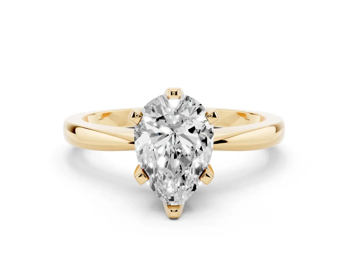 Pear Cut Solitaire Engagement Ring with Six-Prong Setting and Tapered Band Yellow gold