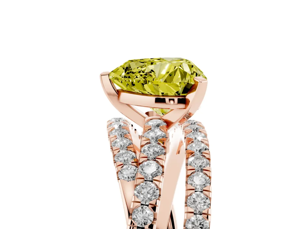 Fancy Yellow Heart Cut Solitaire Twist Band with Pavé Setting and Four-Prong Setting Rose gold