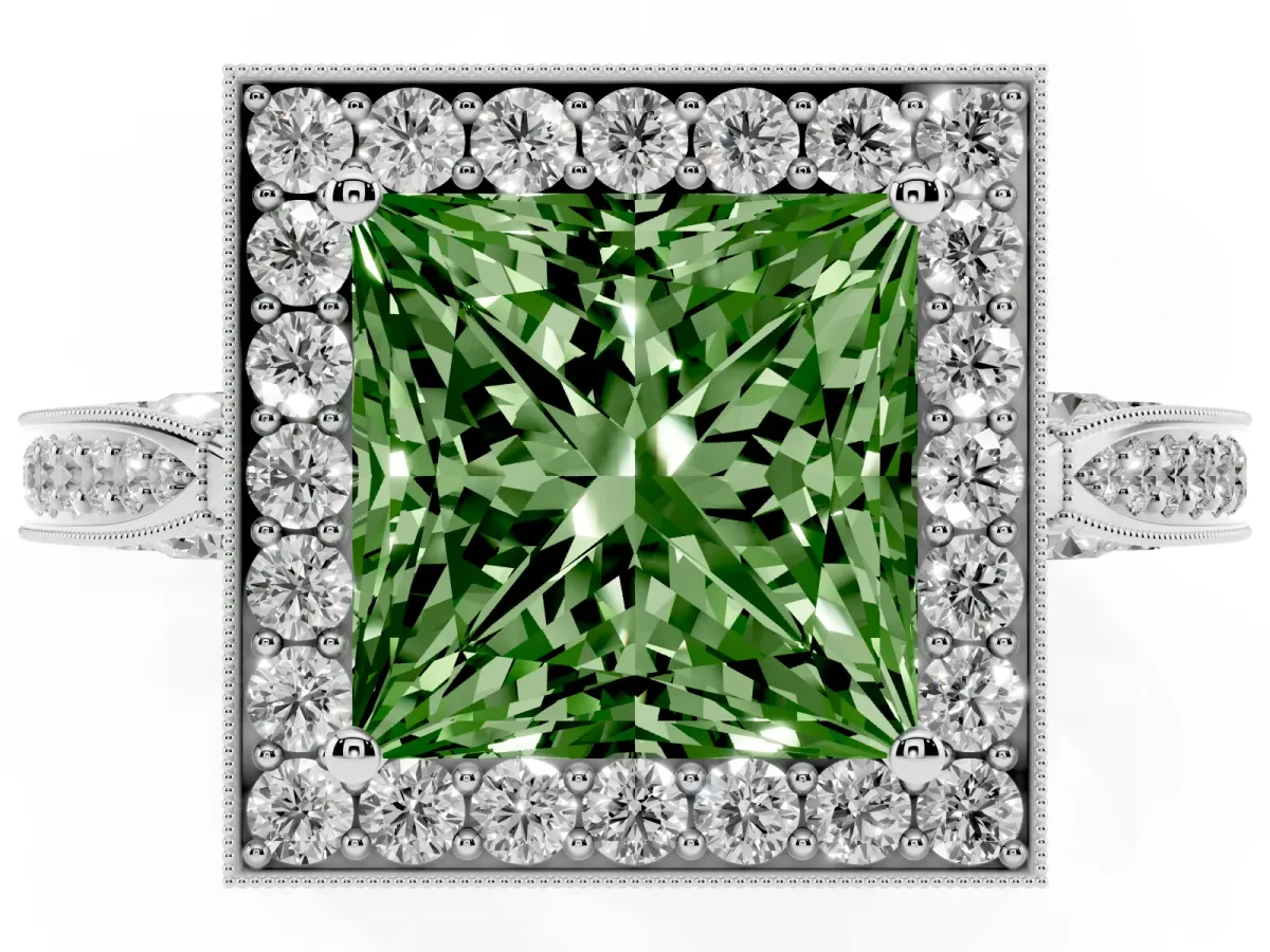 Fancy Green Princess Cut Halo Diamond Engagement Ring with Split Shank Band and Four-Prong Setting Silver