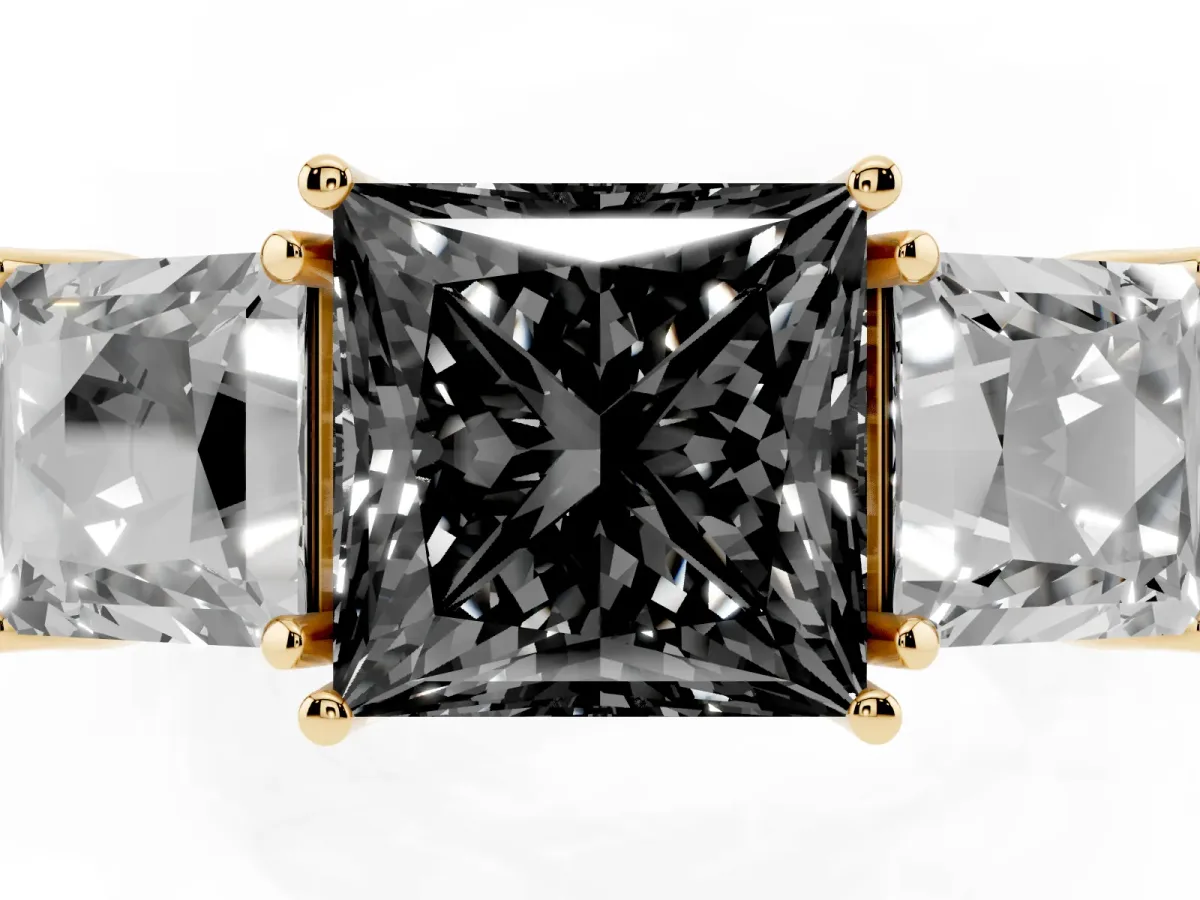 Fancy Black Three-Stone Princess Cut Cut Milgrain Pavé Engagement Ring Yellow gold