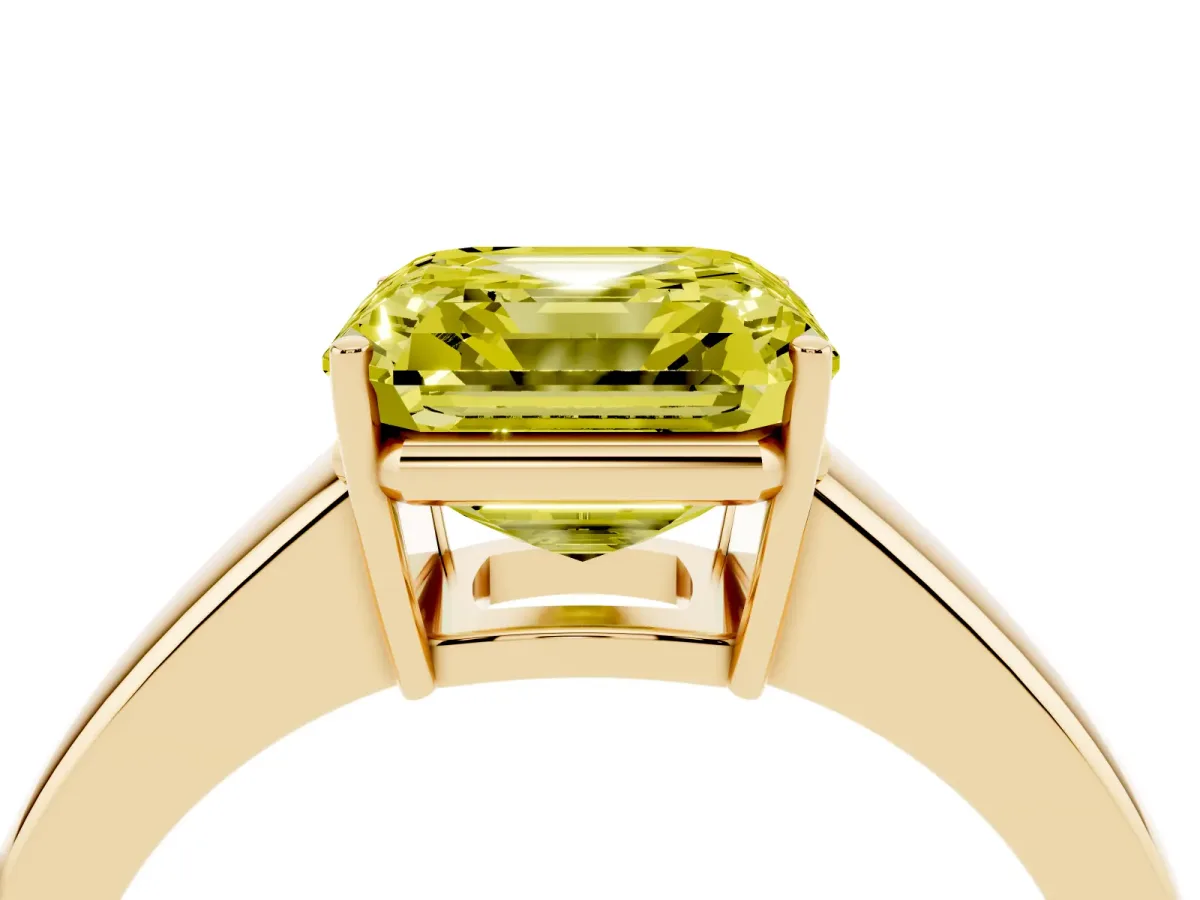 Fancy Yellow Asscher Cut Solitaire Diamond Ring with Tapered Band and Four-Prong Setting Yellow gold