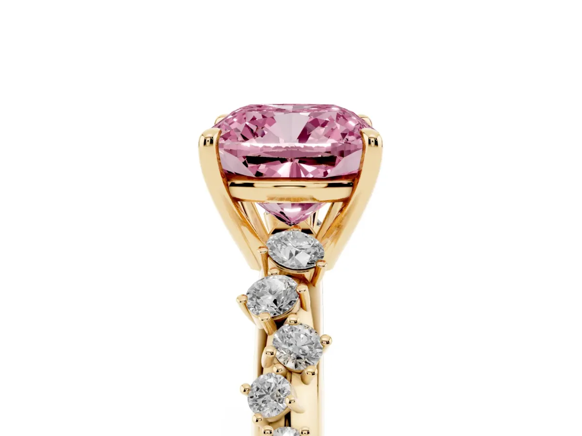 Fancy Pink Cushion Cut Diamond Cluster Side Stone Solitaire Ring with Prong Setting Yellow gold