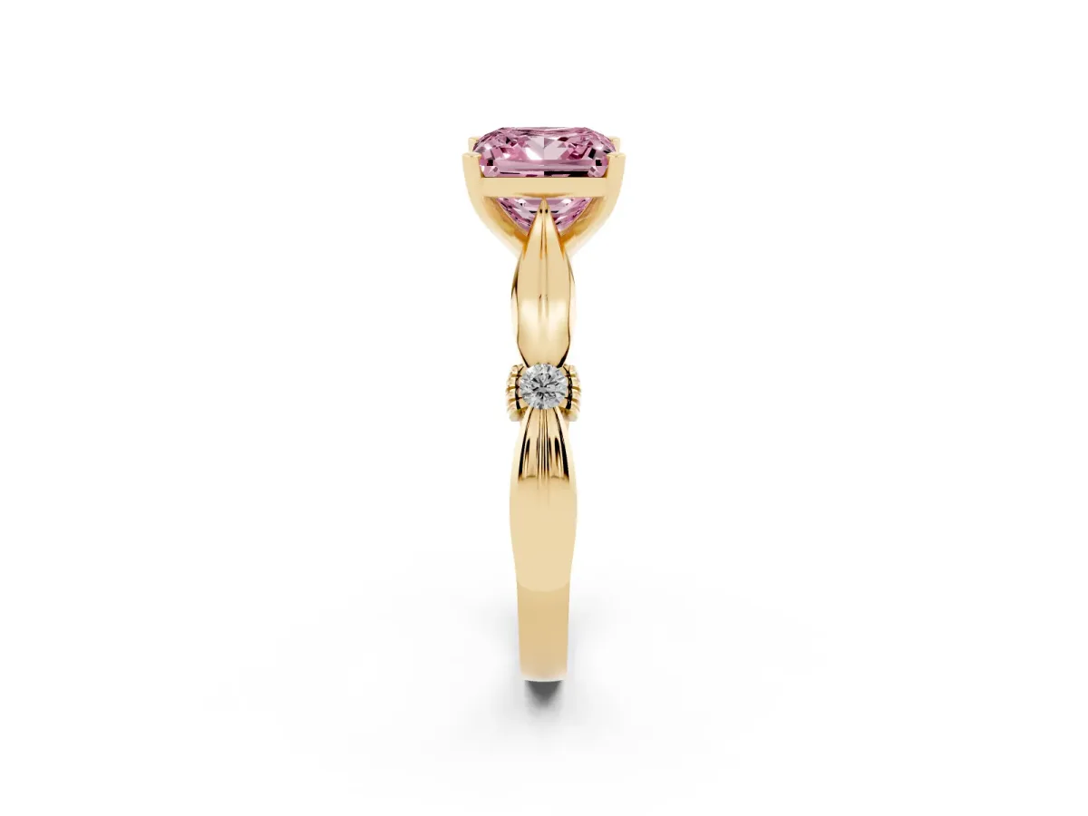 Fancy Pink Princess Cut Solitaire Diamond Twisted Band with Four-Prong Setting Yellow gold