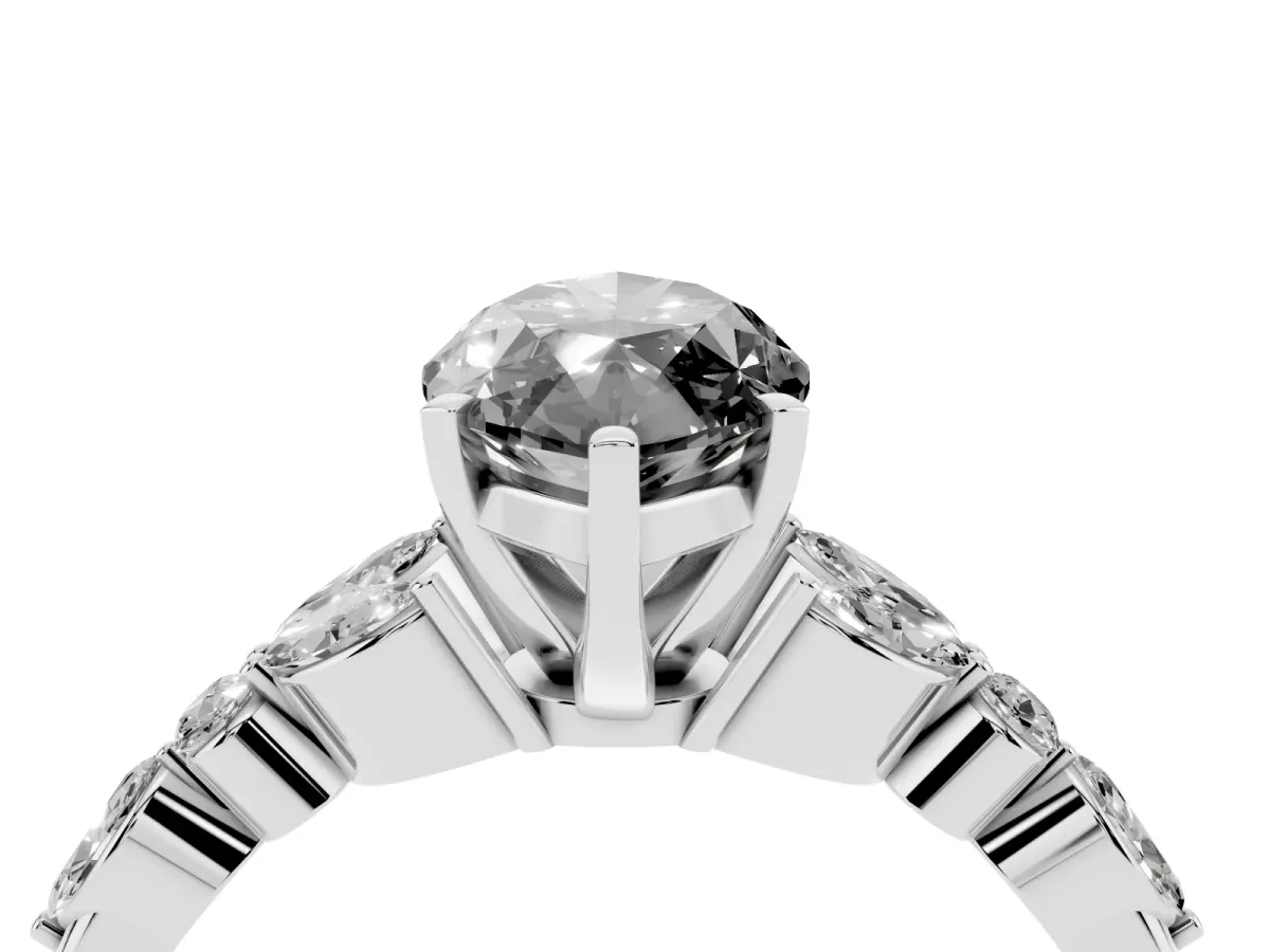 Fancy Black Marquise Cut Diamond Solitaire Ring with Side Stones and Four-Prong Setting Silver