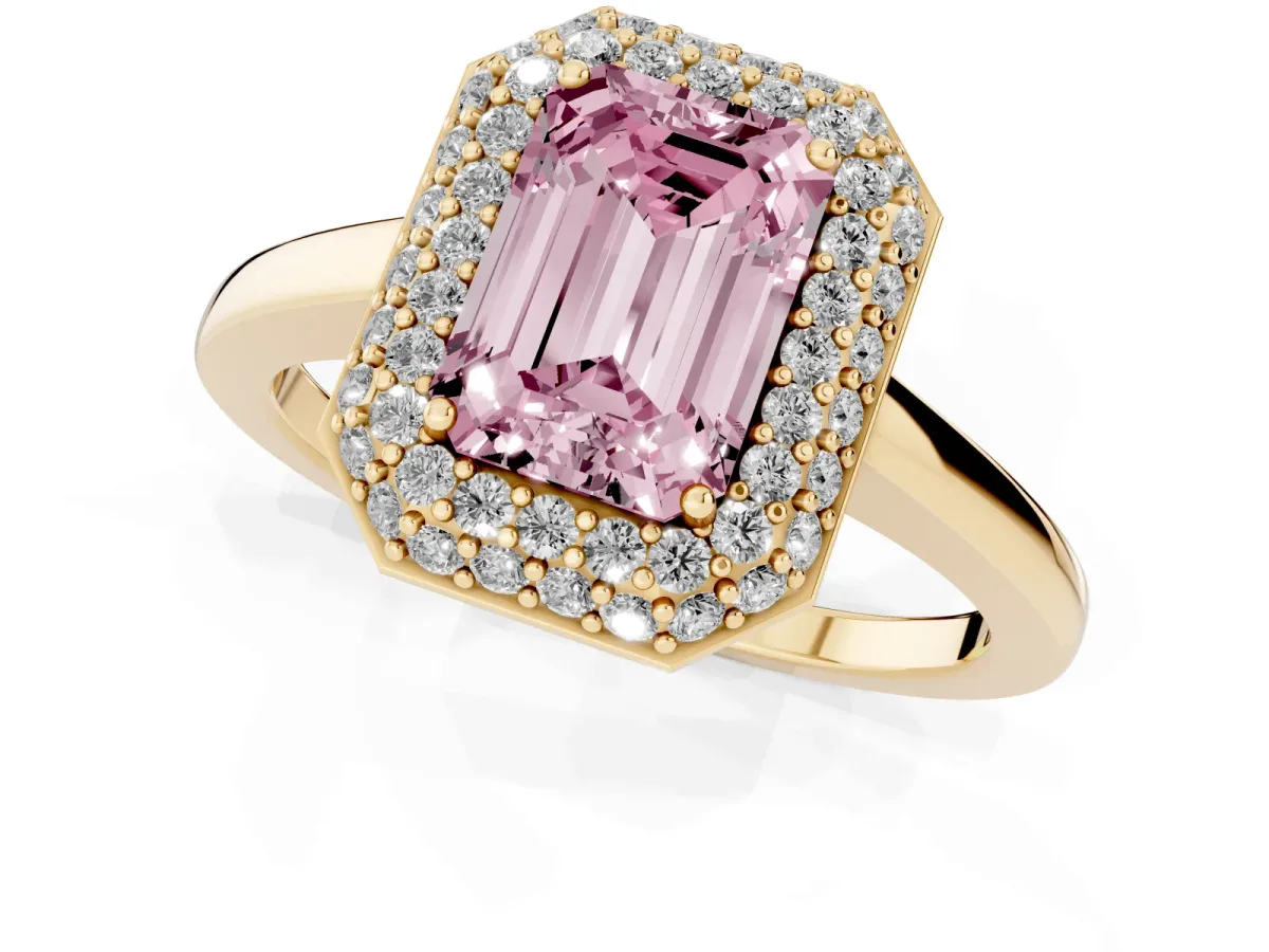 Fancy Pink Emerald Cut Halo Diamond Engagement Ring with Solitaire Band and Four-Prong Setting Yellow gold
