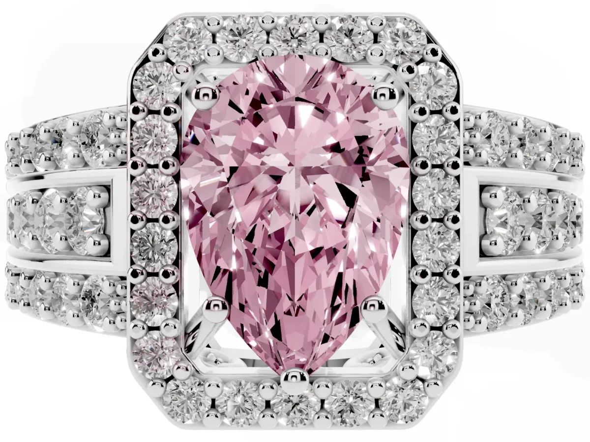 Fancy Pink Pear Cut Halo Diamond Ring with Round Split Shank and Prong Setting Platinum