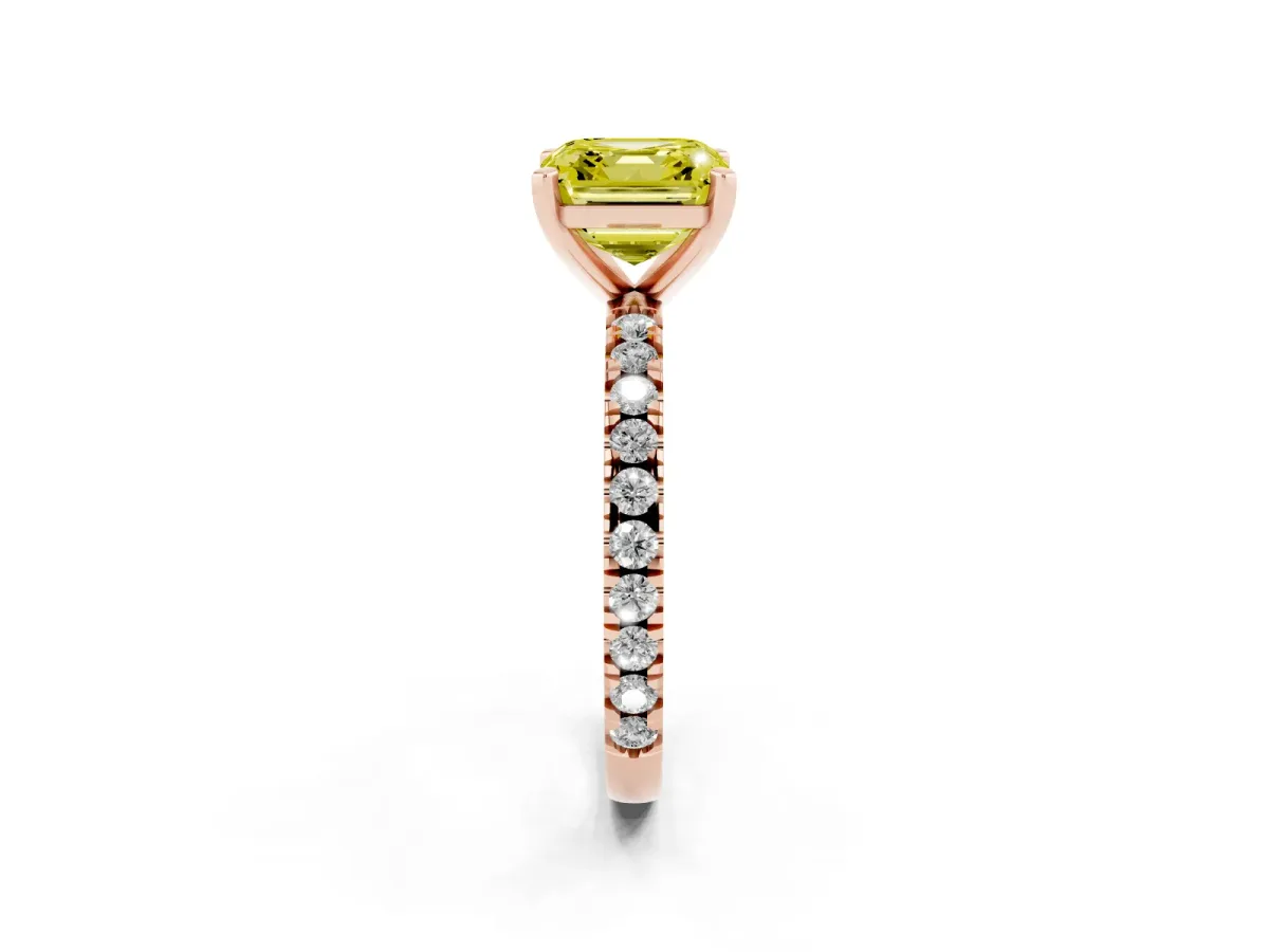 Fancy Yellow Asscher Cut Diamond Pavé Band Solitaire with Four-Prong Setting Rose gold