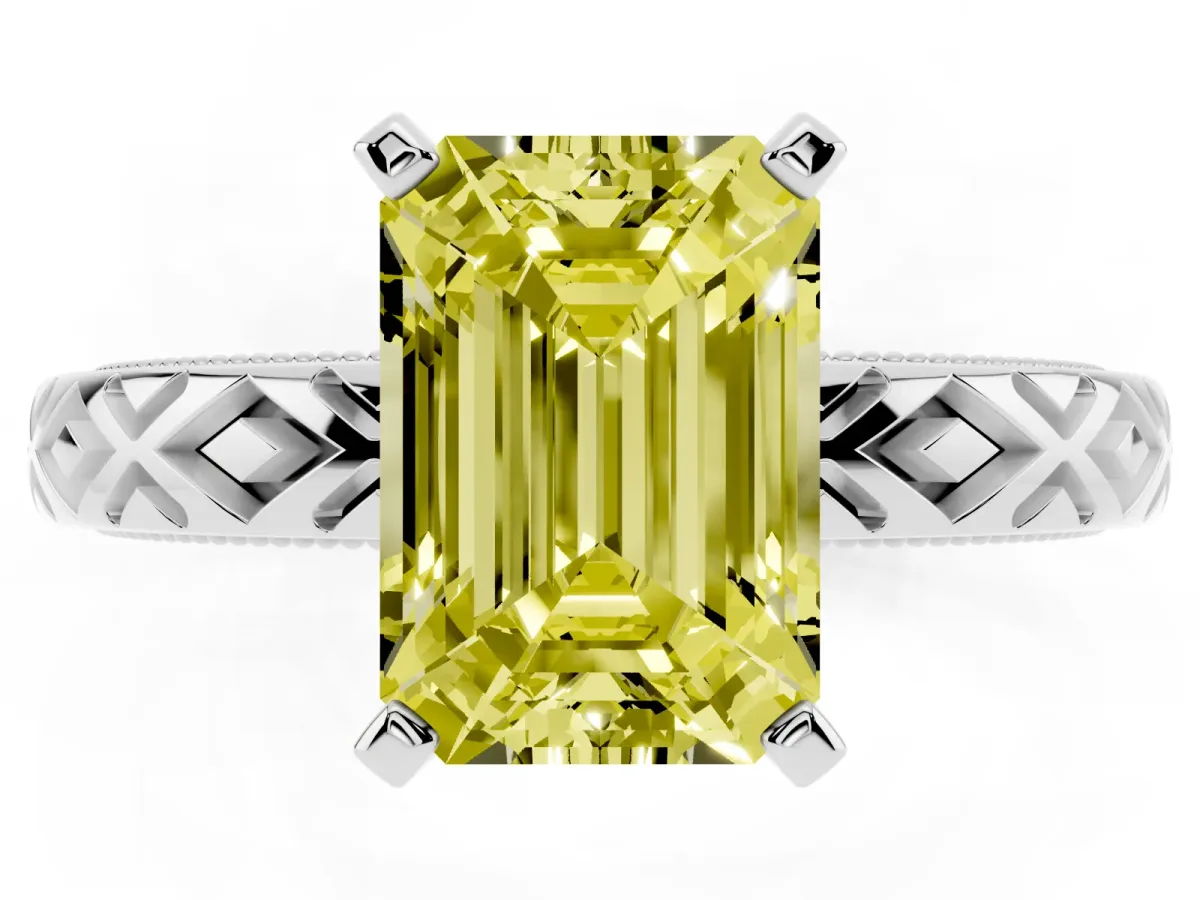Fancy Yellow Emerald Cut Solitaire Diamond Ring with Milgrain and Black Enamel X Pattern Band Silver